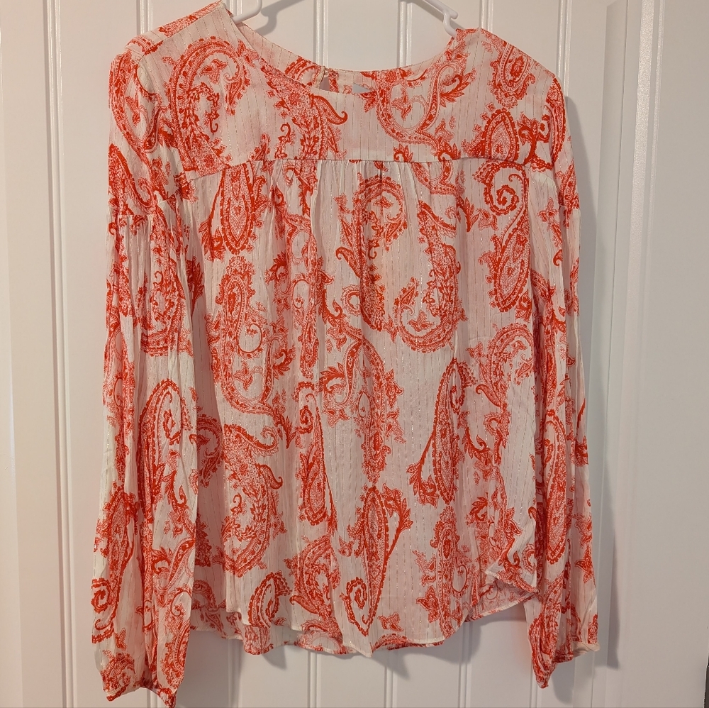 Collective Concepts Orange and White Long Sleeve Blouse with Peter Pan Collar